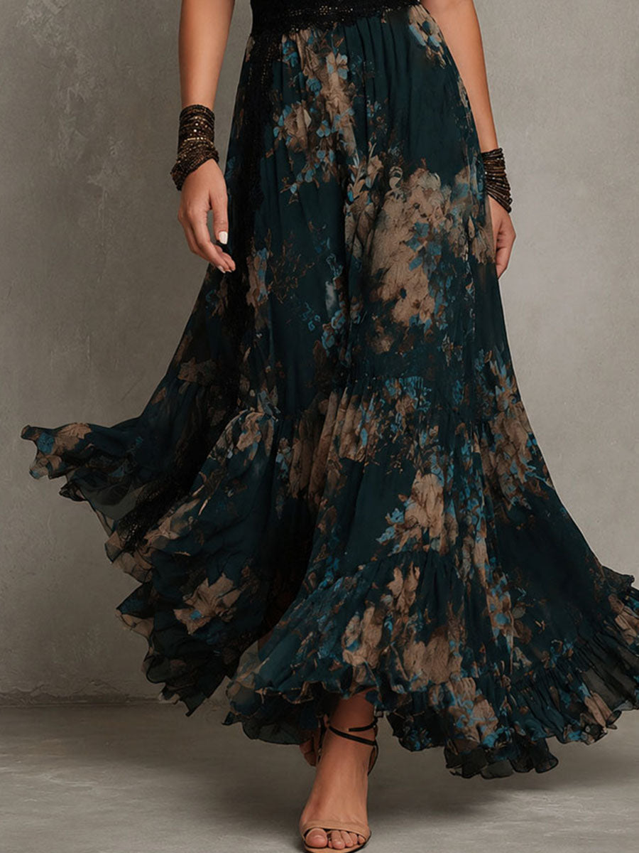 Maura | Abito Lungo a Fiori con Scollo a V in Pizzo, Fascia in Vita e Gonna a Balze