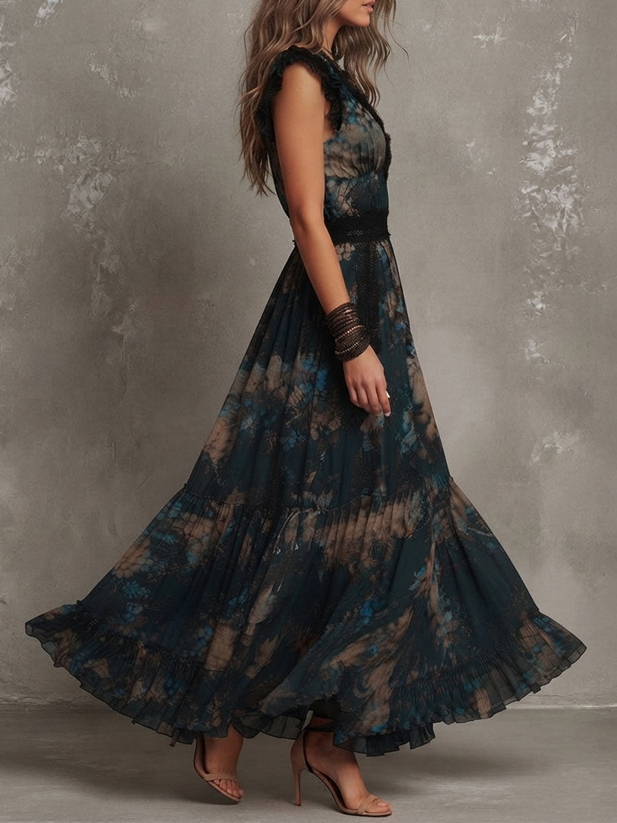Maura | Abito Lungo a Fiori con Scollo a V in Pizzo, Fascia in Vita e Gonna a Balze
