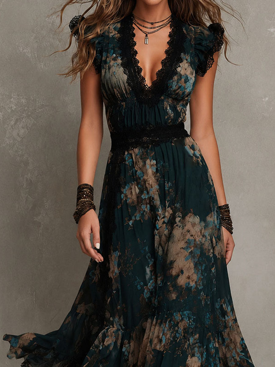 Lucia | Abito lungo in chiffon vintage verde scuro con pizzo floreale