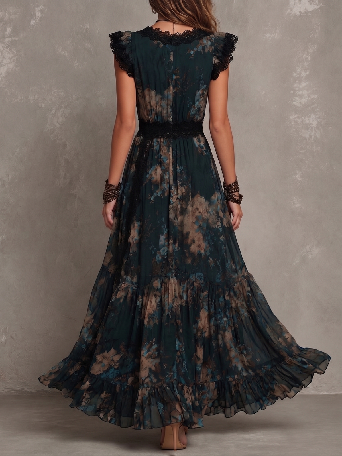 Lucia | Abito lungo in chiffon vintage verde scuro con pizzo floreale
