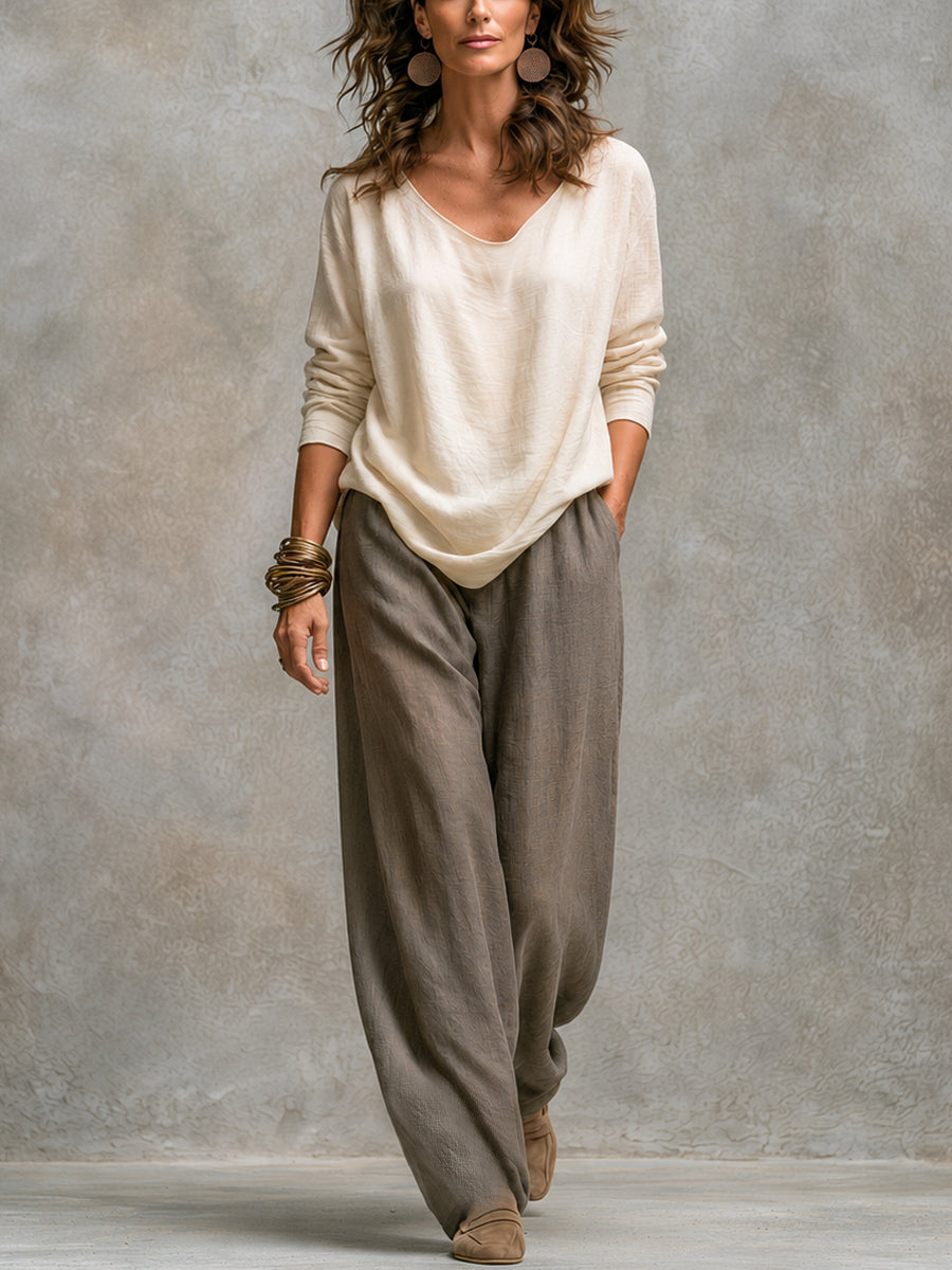 Costanza | Completo Elegante di Tre Pezzi in Beige e Grigio con Pantaloni Palazzo a Strati