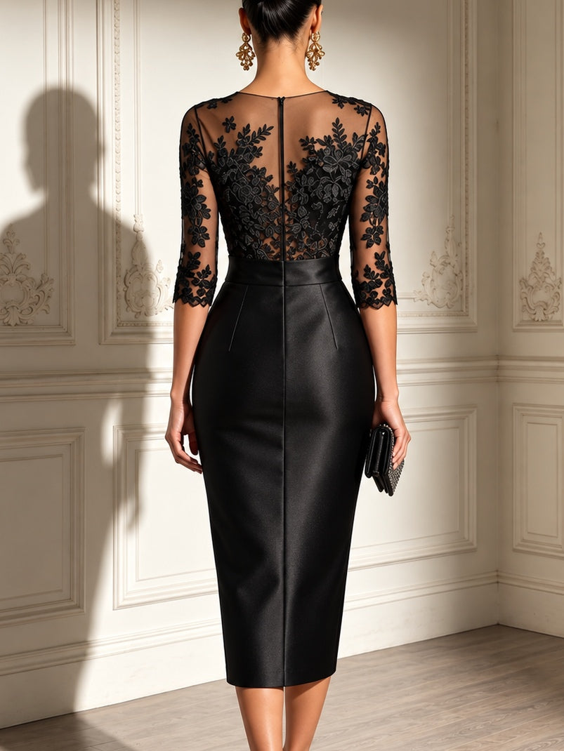 Lea | Abito Midi in Raso con Maniche in Tulle e Pizzo Nero