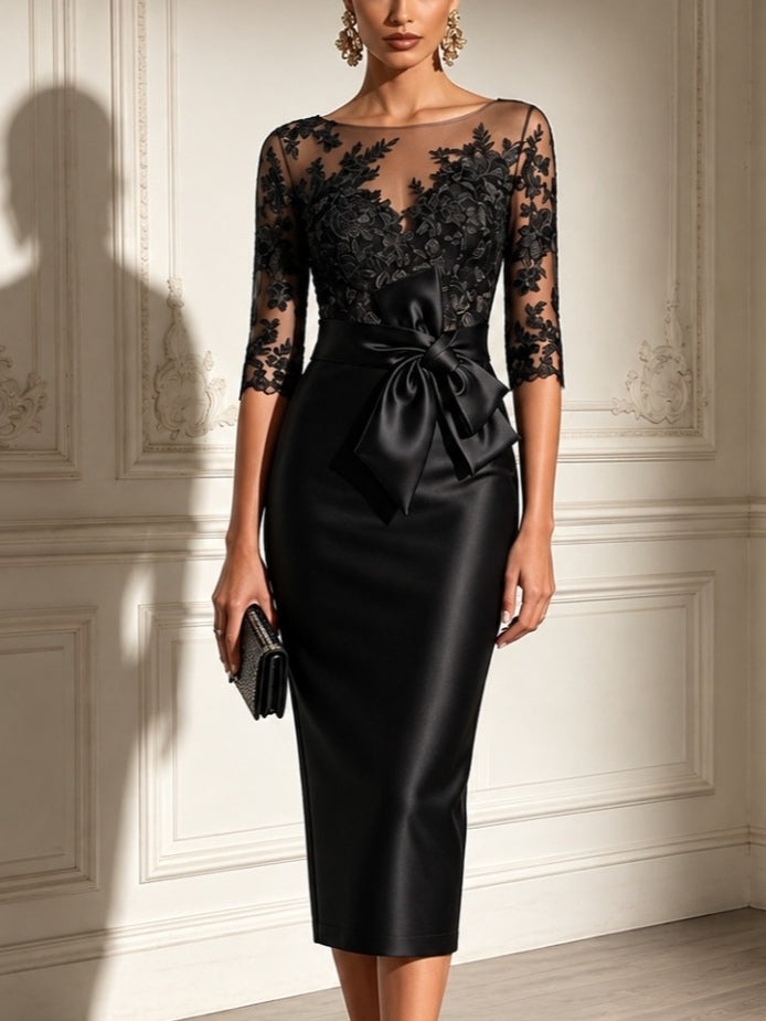 Lea | Abito Midi in Raso con Maniche in Tulle e Pizzo Nero
