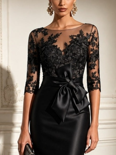 Lea | Abito Midi in Raso con Maniche in Tulle e Pizzo Nero