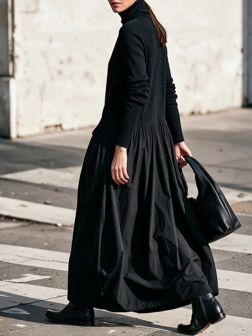 Abito Lungo Oversize a Collo Alto con Tasche