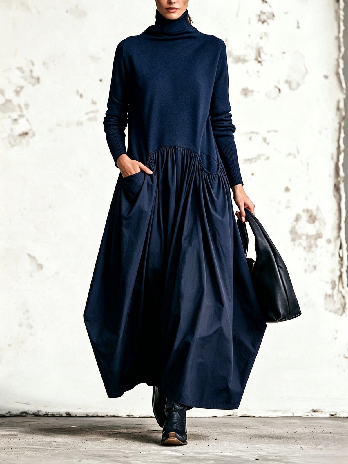 Abito Lungo Oversize a Collo Alto con Tasche