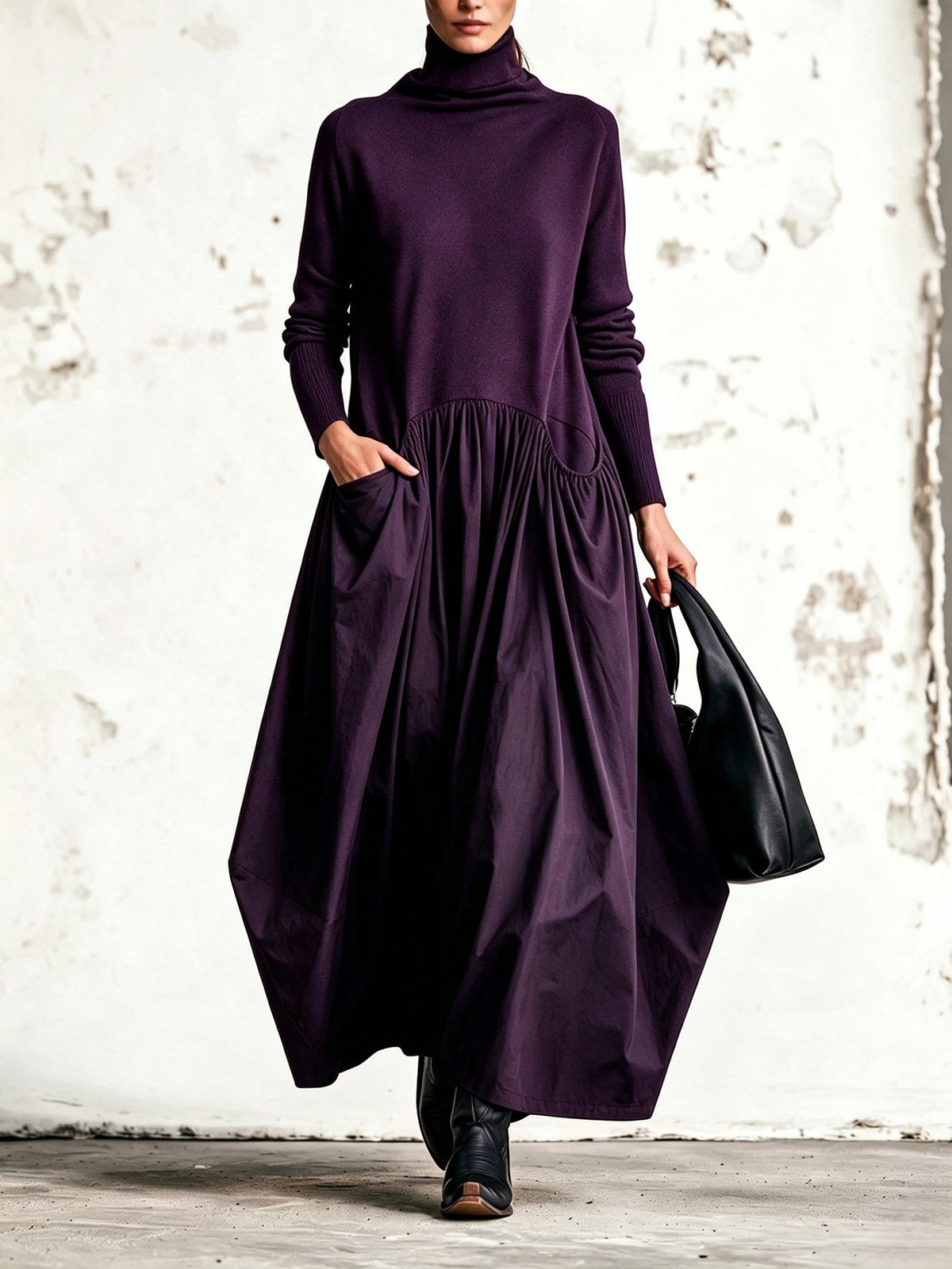 Abito Lungo Oversize a Collo Alto con Tasche