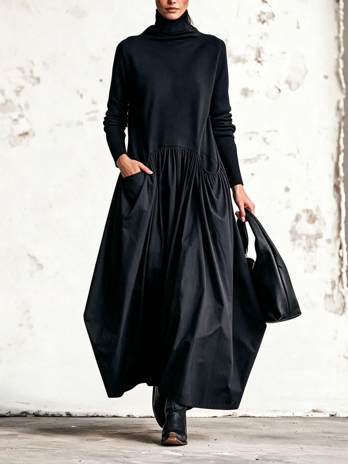Abito Lungo Oversize a Collo Alto con Tasche