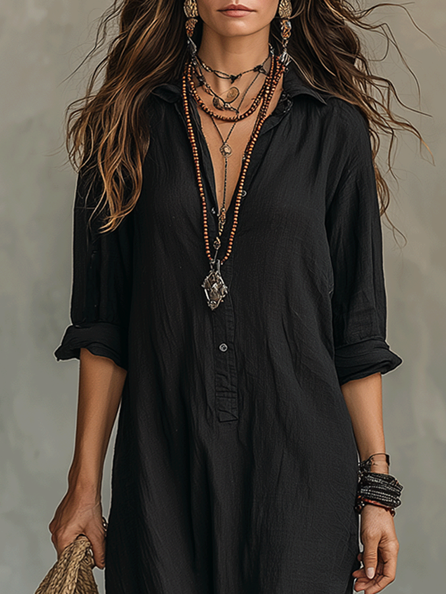 Dafne | Abito Camicia Maxi Bohémien Nero con Bottoni