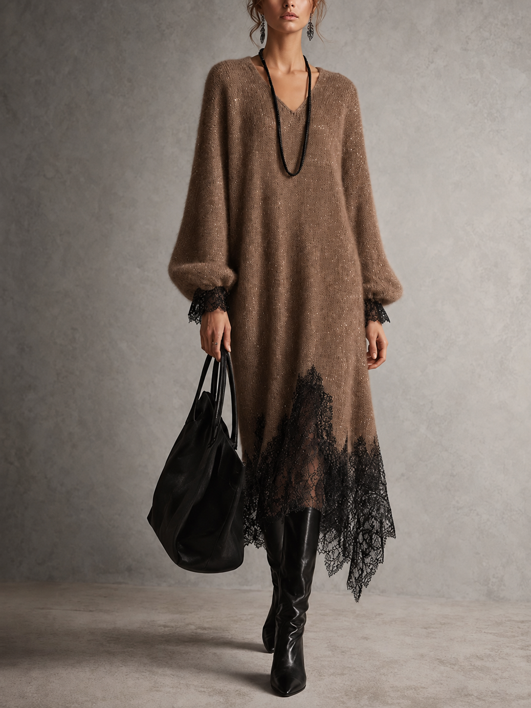 Abito Midi in Maglia Grigio con Orlo in Pizzo