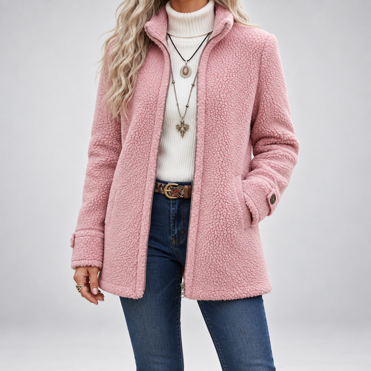 Carissa | Giacca con Zip Integrale e Collo Alto Effetto Lana d'Agnello