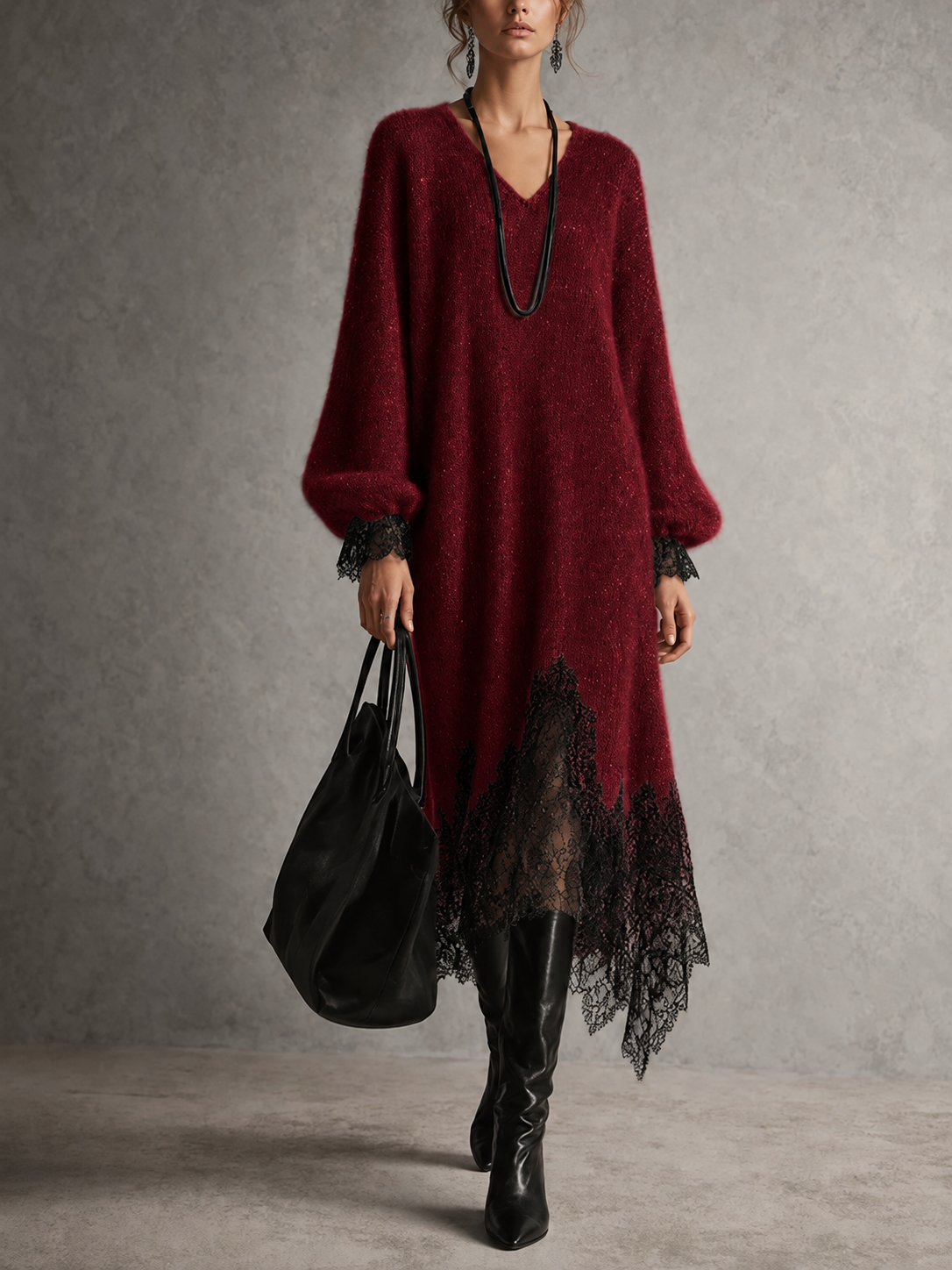 Abito Midi in Maglia Grigio con Orlo in Pizzo