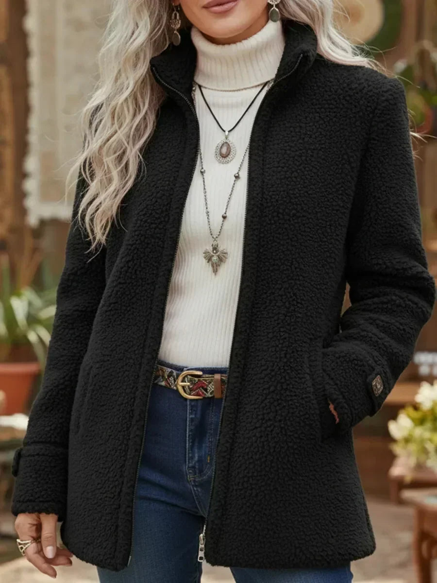 Carissa | Giacca con Zip Integrale e Collo Alto Effetto Lana d'Agnello
