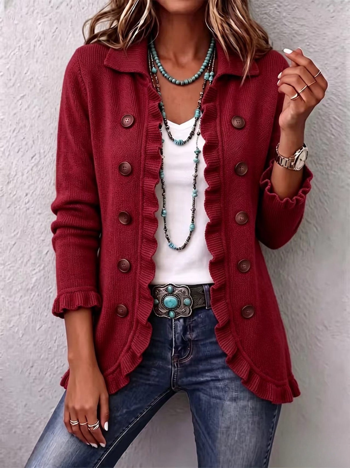 Marthe | Giacca in Maglia a Coste Rosso Rubino con Balze