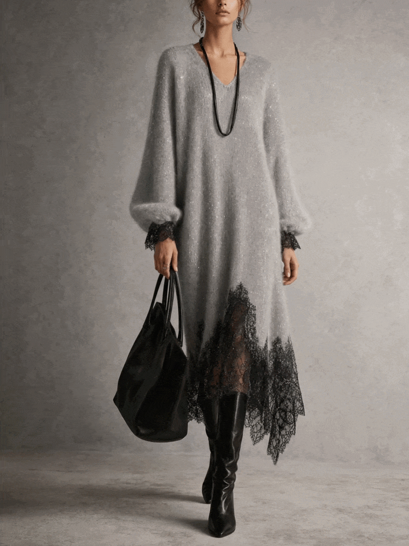 Abito Midi in Maglia Grigio con Orlo in Pizzo