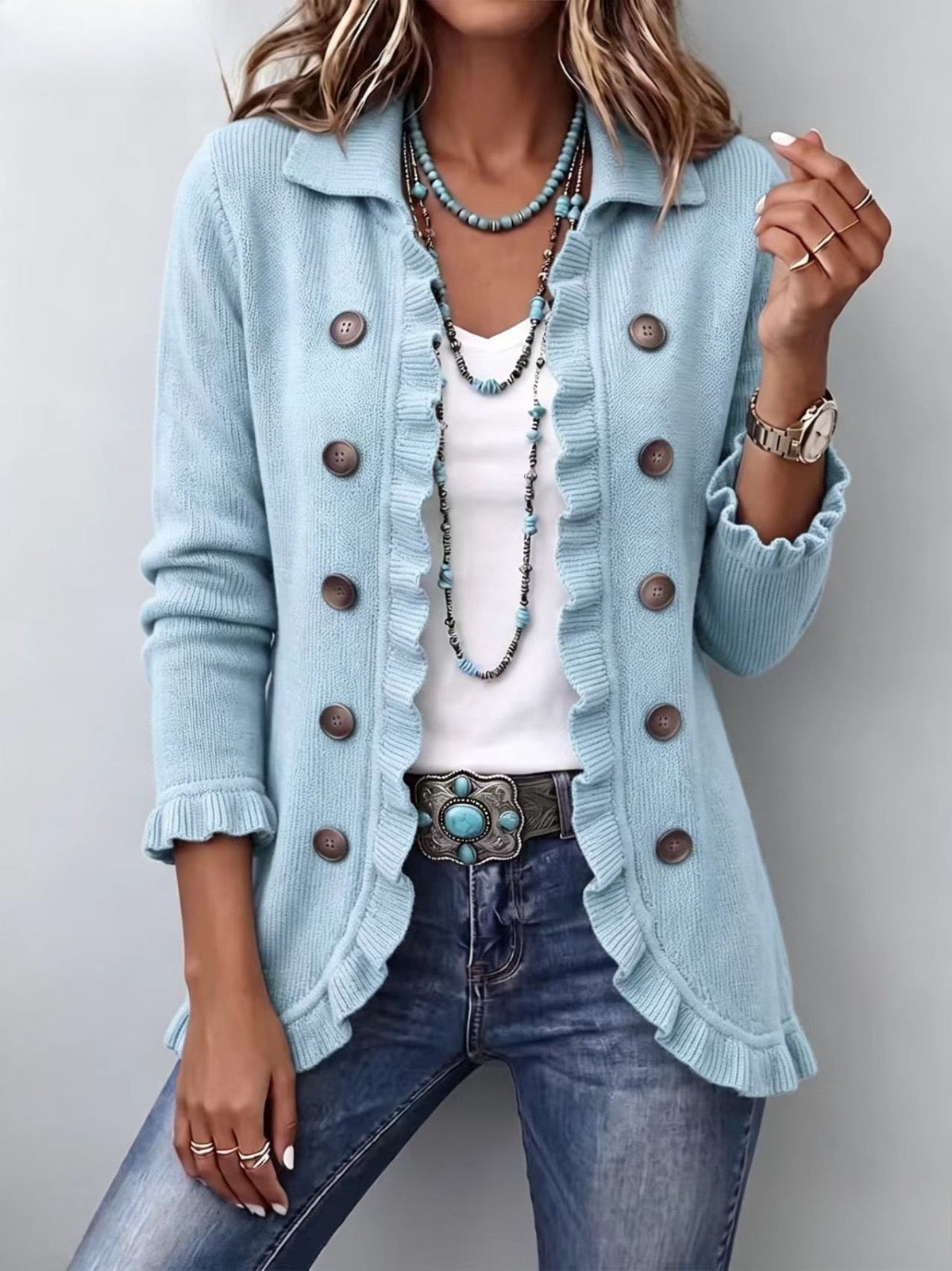 Perrine | Giacca in Maglia a Coste Blu Polvere con Balze