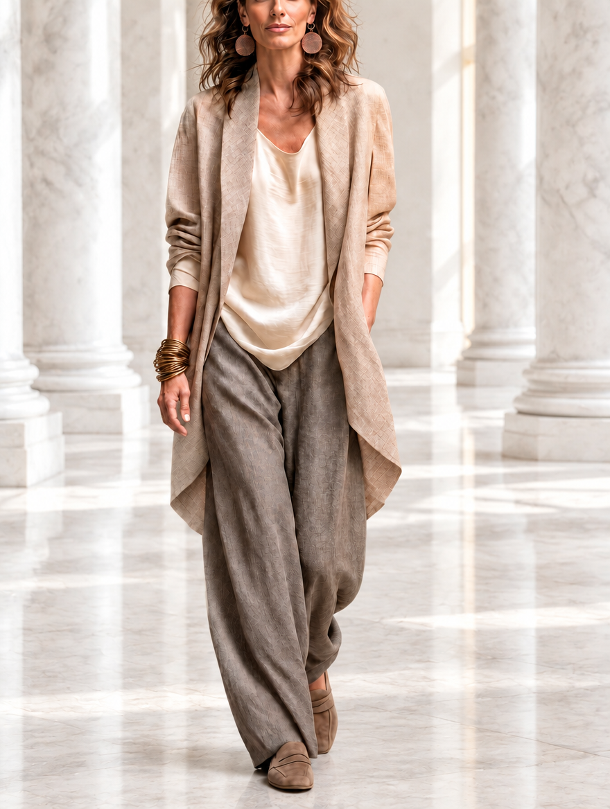 Costanza | Completo Elegante di Tre Pezzi in Beige e Grigio con Pantaloni Palazzo a Strati