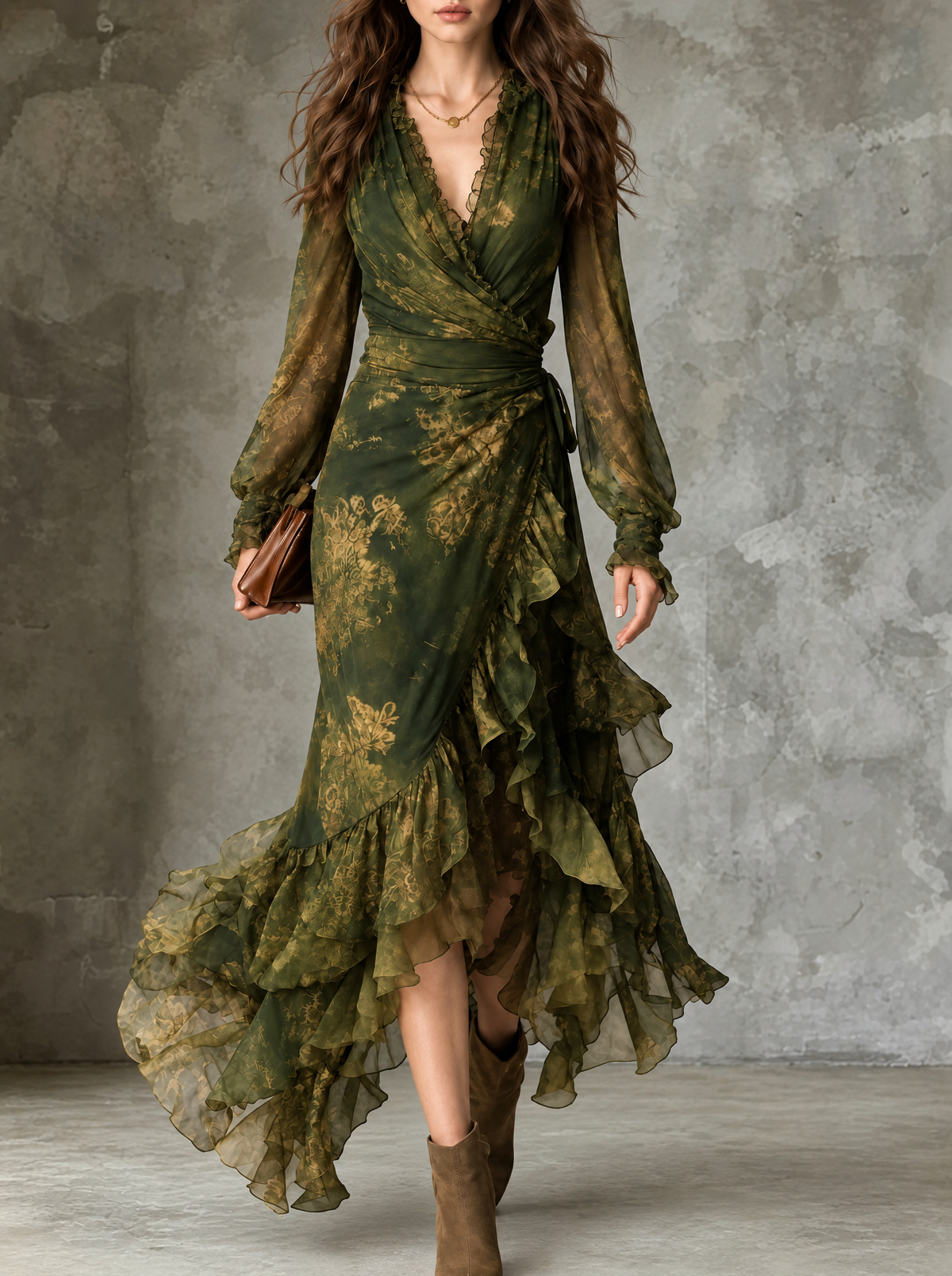 Antonia | Vestito Lungo in Georgette Stampato con Volant