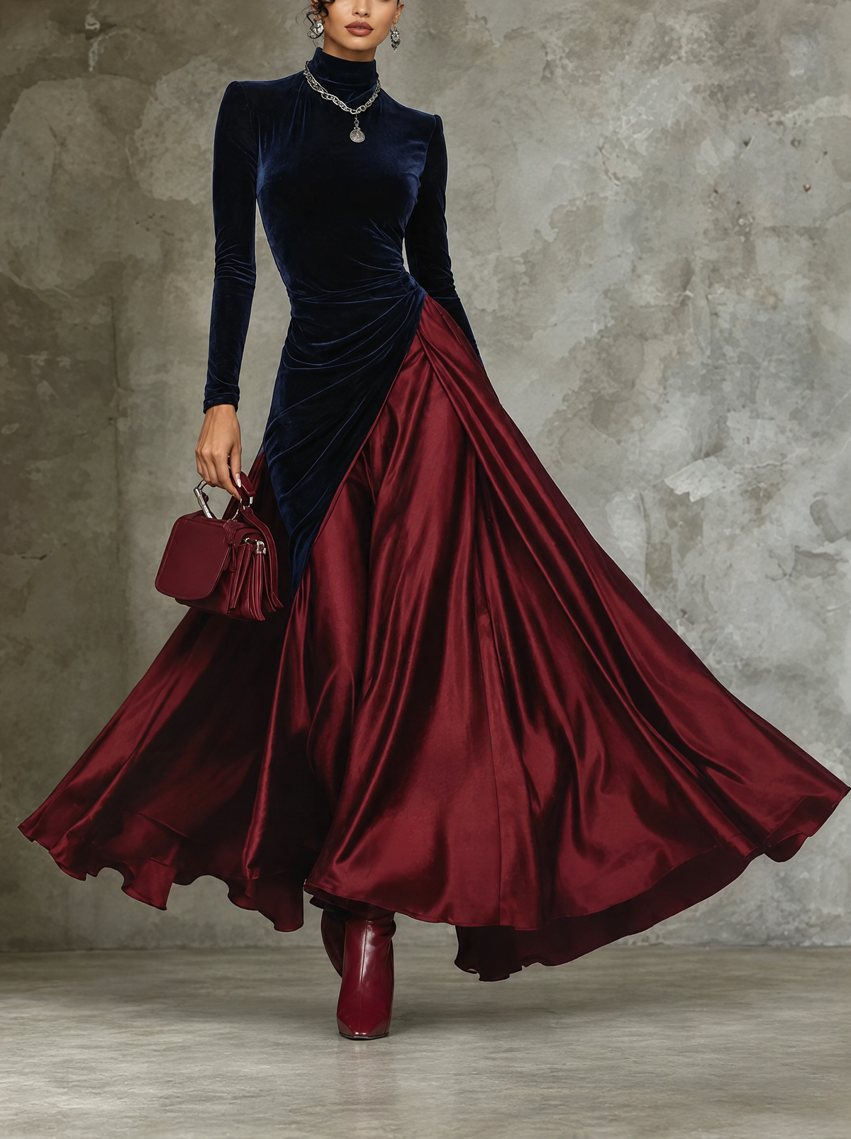 Mariagrazia | Abito lungo elegante bicolore in satin con gonna fluida