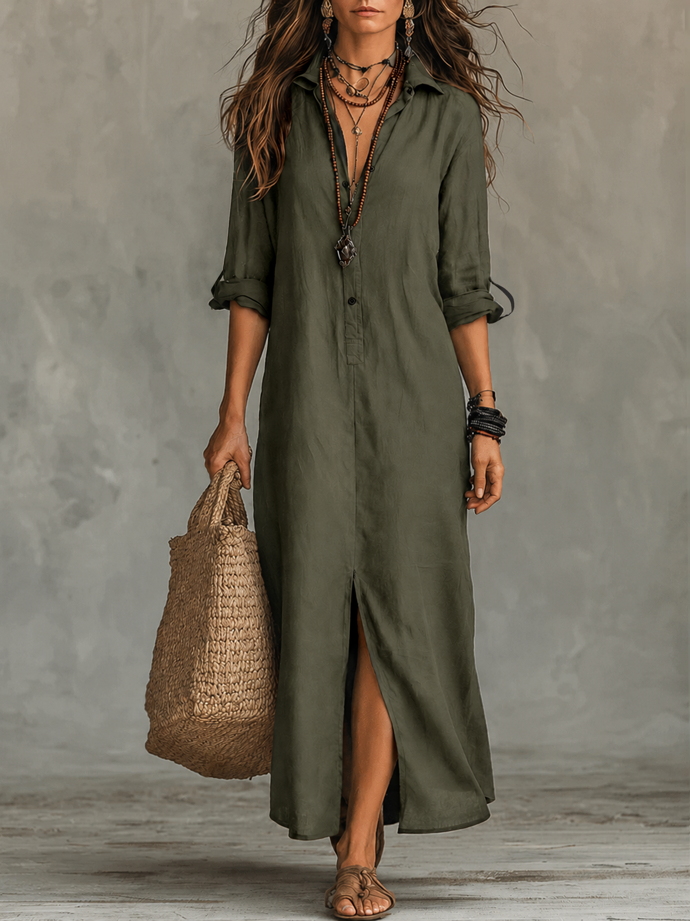 Dafne | Abito Camicia Maxi Bohémien Nero con Bottoni