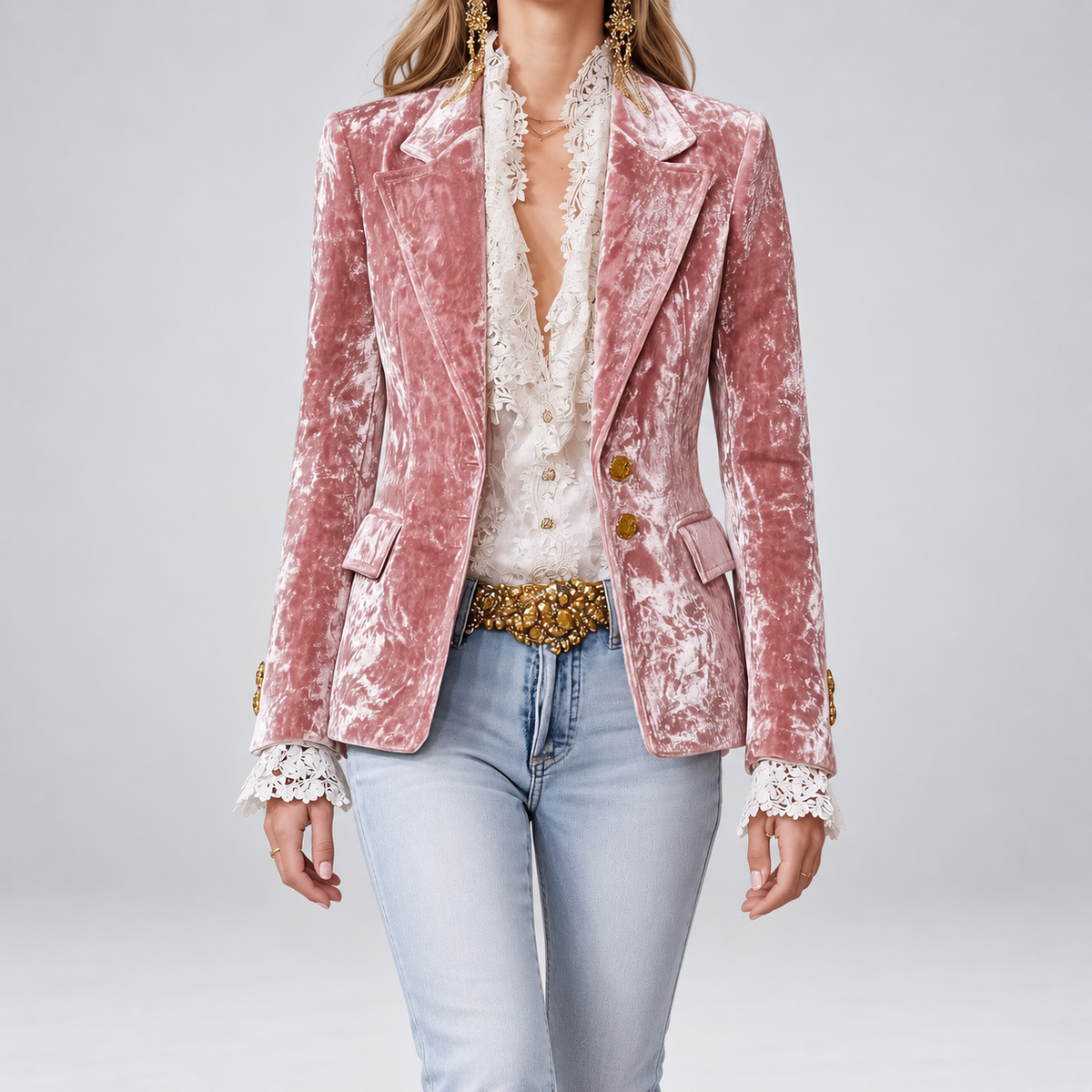 Honoria | Blazer in Velluto con Bordo in Pizzo