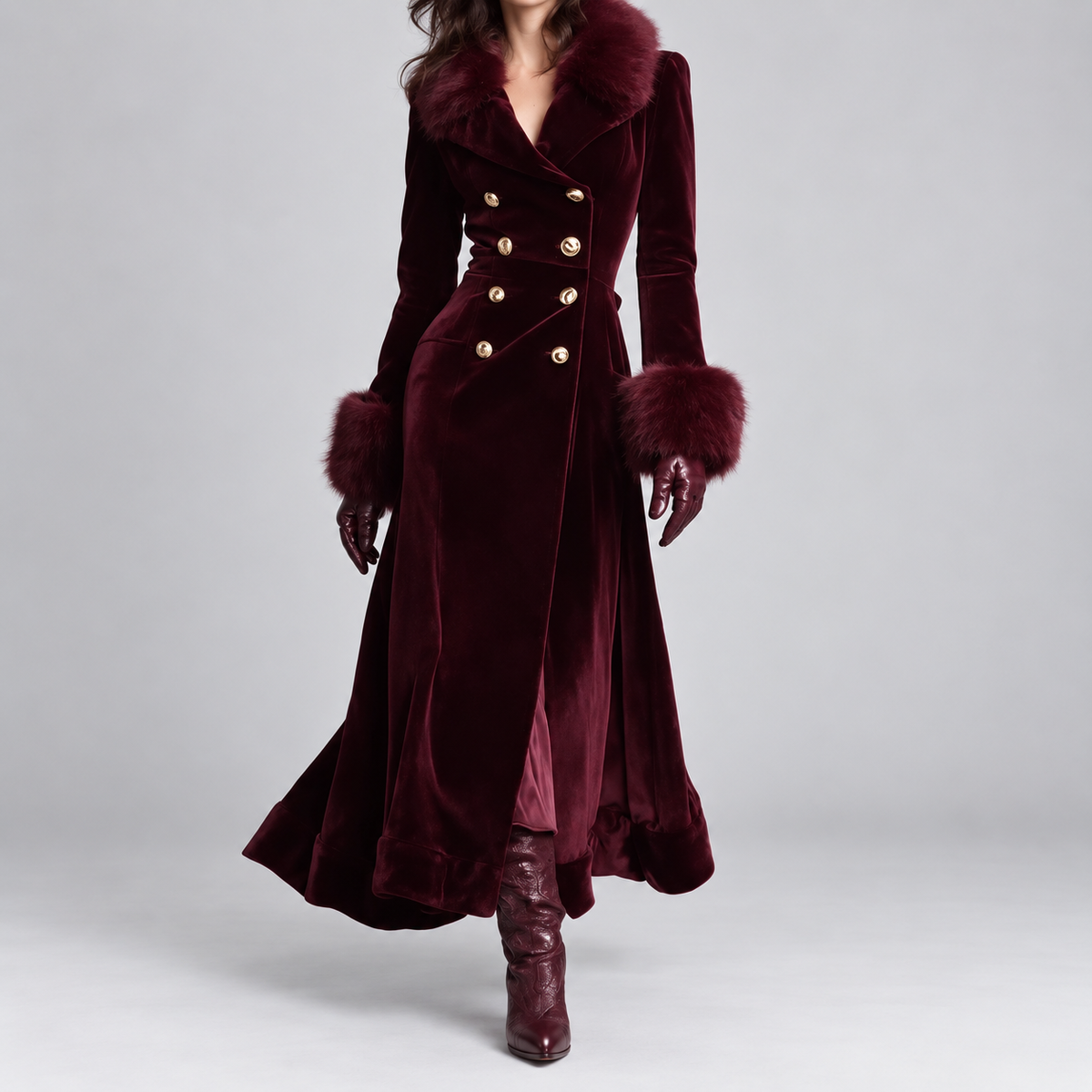 Isadora | Cappotto in Velluto con Collo in Pelliccia Ecologica