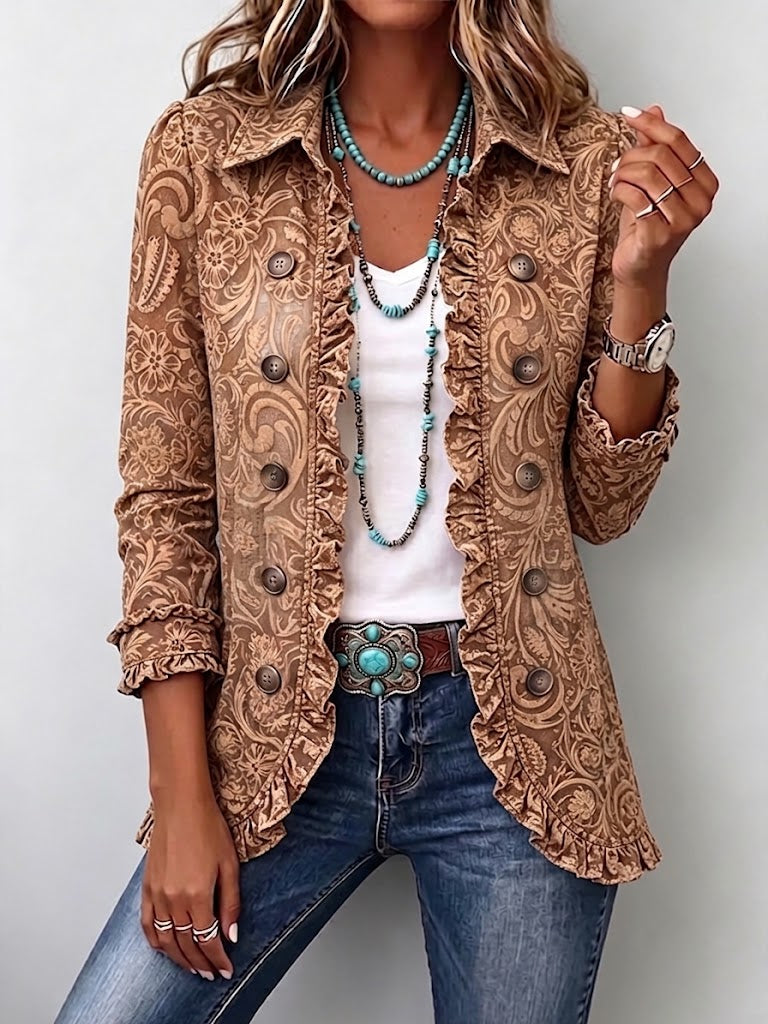 Noémie | Giacca Bohémien Floreale Vintage Marrone con Balze
