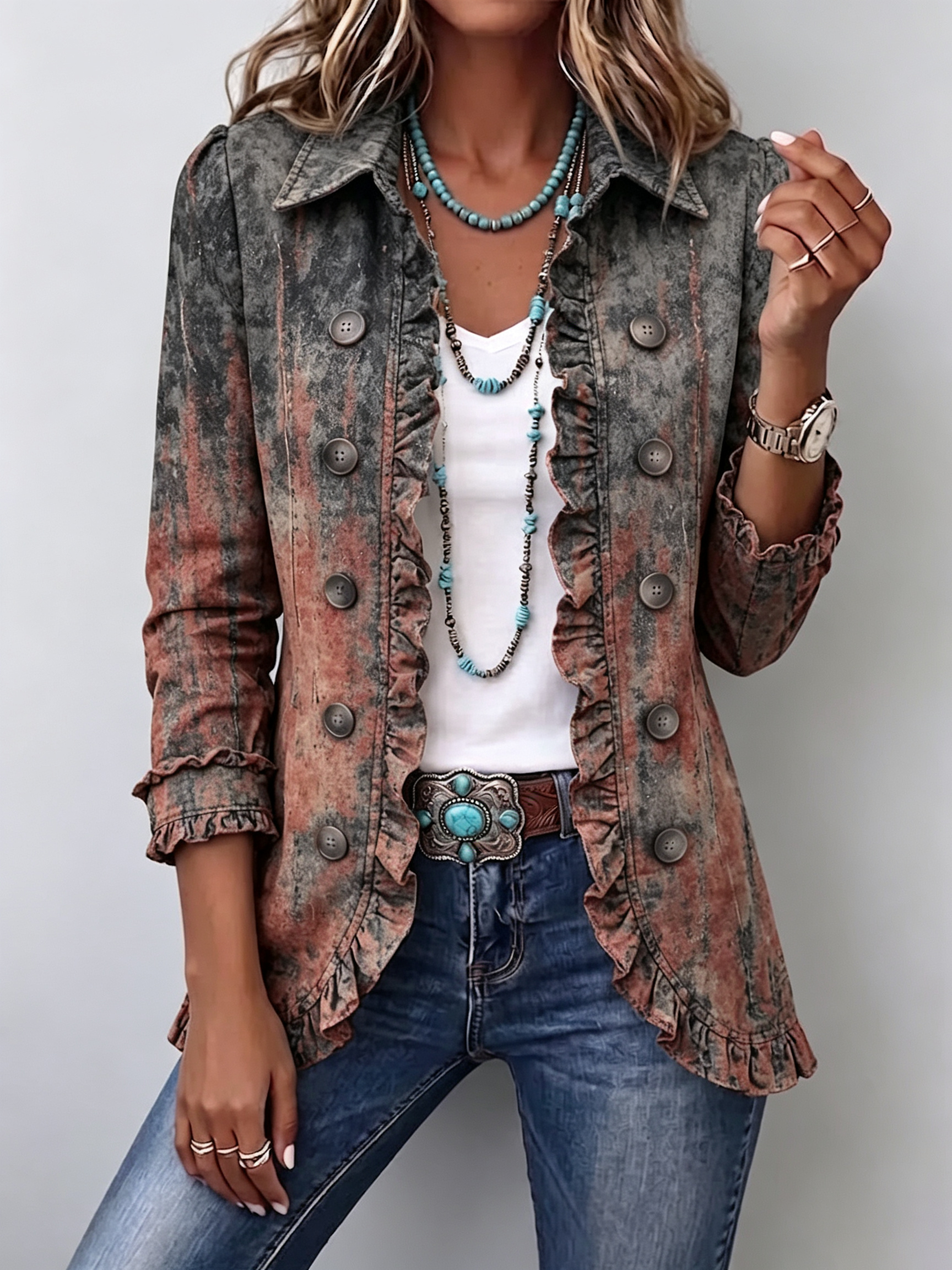 Flavie | Giacca Vintage Sfumata Testurizzata con Balze