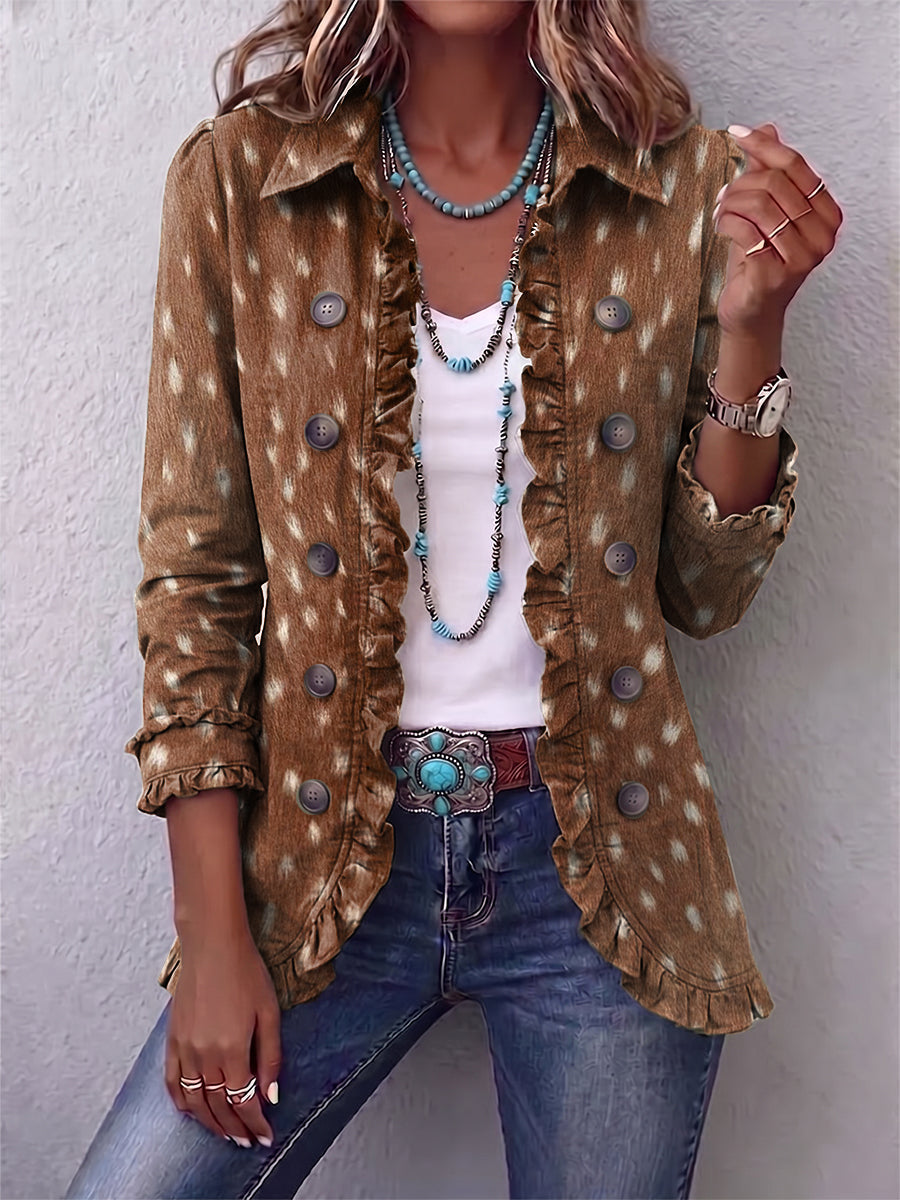 Hélène | Giacca Bohémien Stampa Animalier Marrone con Balze