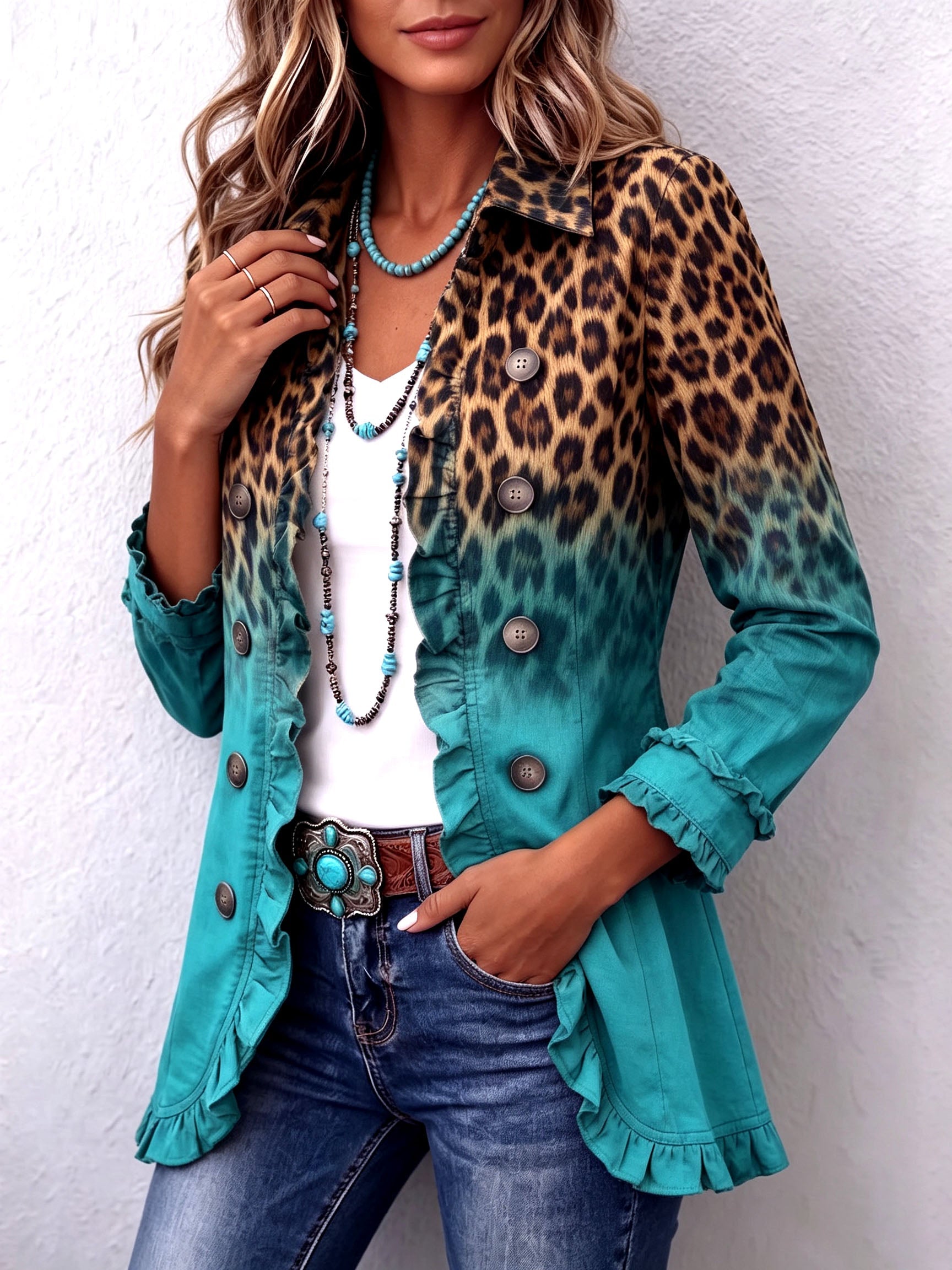 Béatrice | Blazer Leopardato Sfumato Turchese con Balze