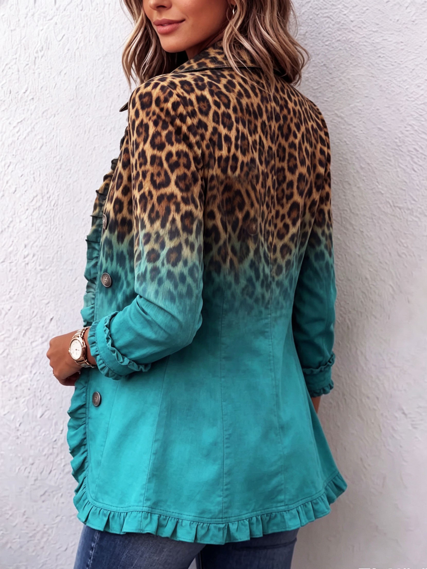 Béatrice | Blazer Leopardato Sfumato Turchese con Balze