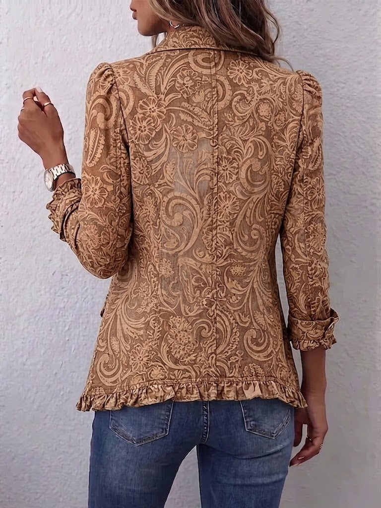 Noémie | Giacca Bohémien Floreale Vintage Marrone con Balze