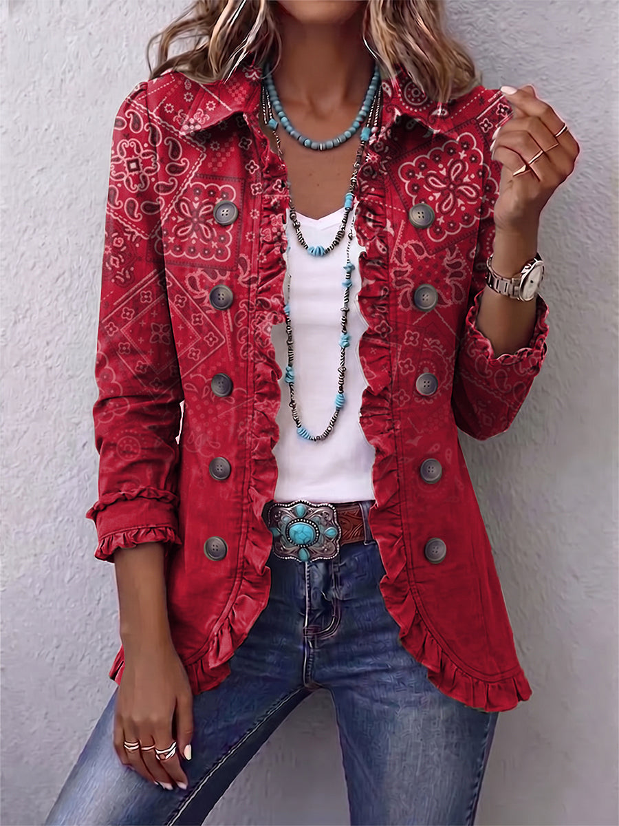 Gaëlle | Giacca Bohémien Paisley Sfumato Rosso con Balze