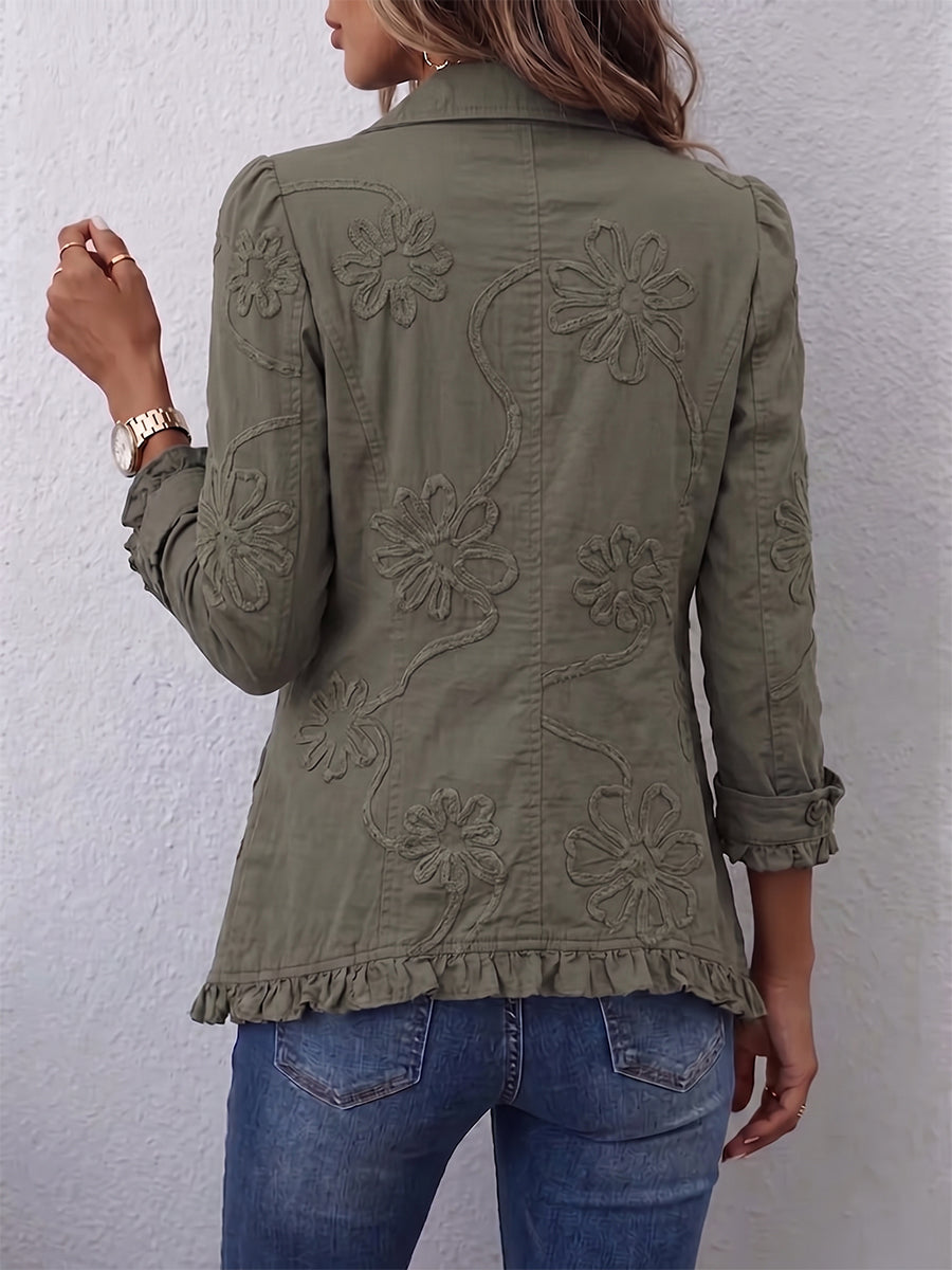 Alexandrine | Giacca Bohémien-Chic Ricamata a Fiori Verde Retrò con Finiture Arricciate