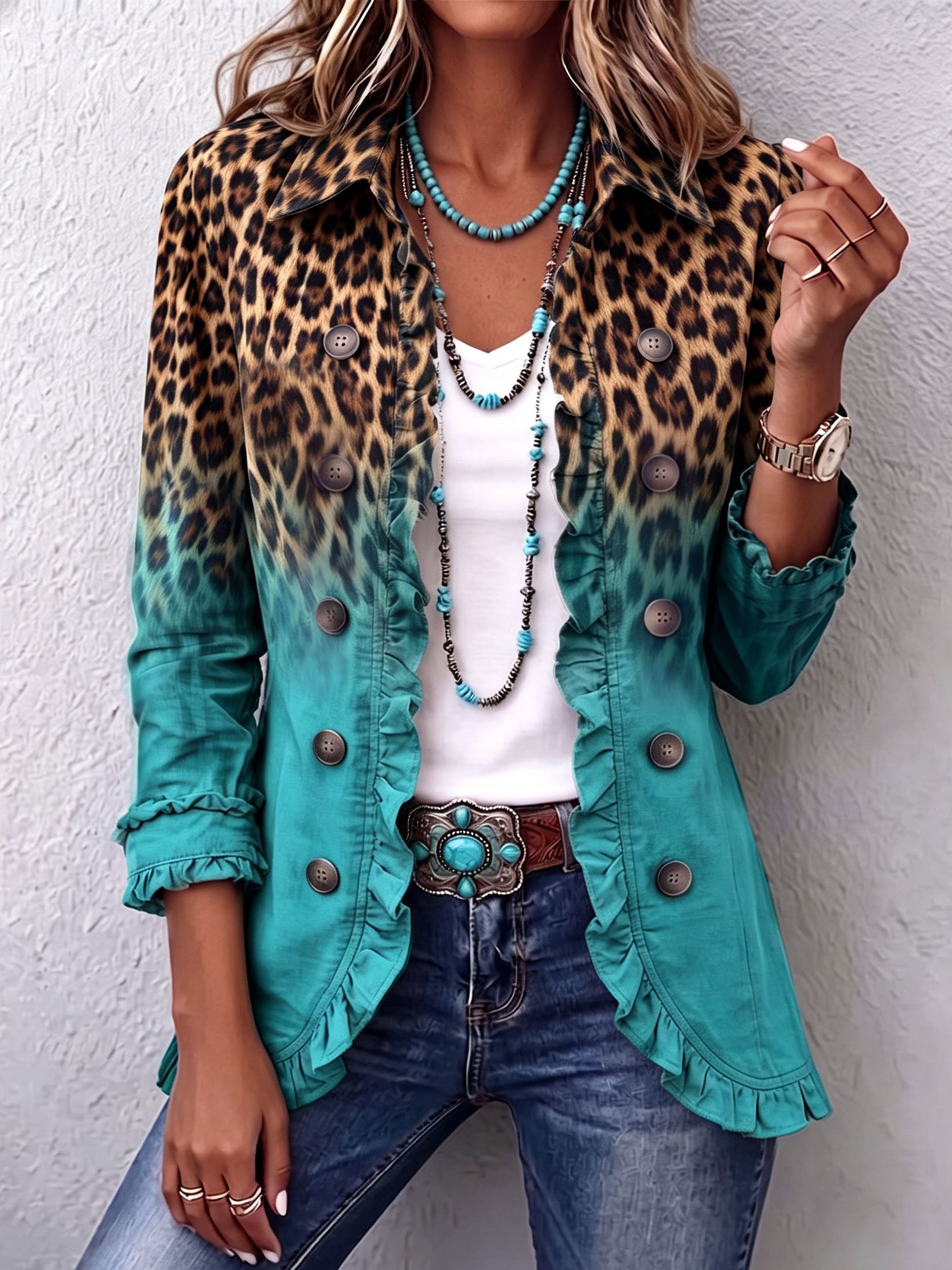 Béatrice | Blazer Leopardato Sfumato Turchese con Balze
