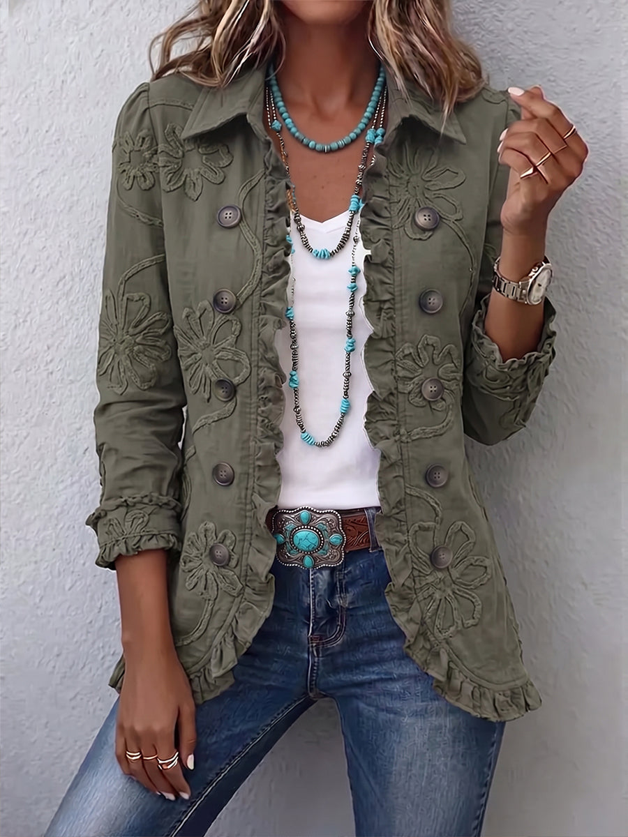 Alexandrine | Giacca Bohémien-Chic Ricamata a Fiori Verde Retrò con Finiture Arricciate
