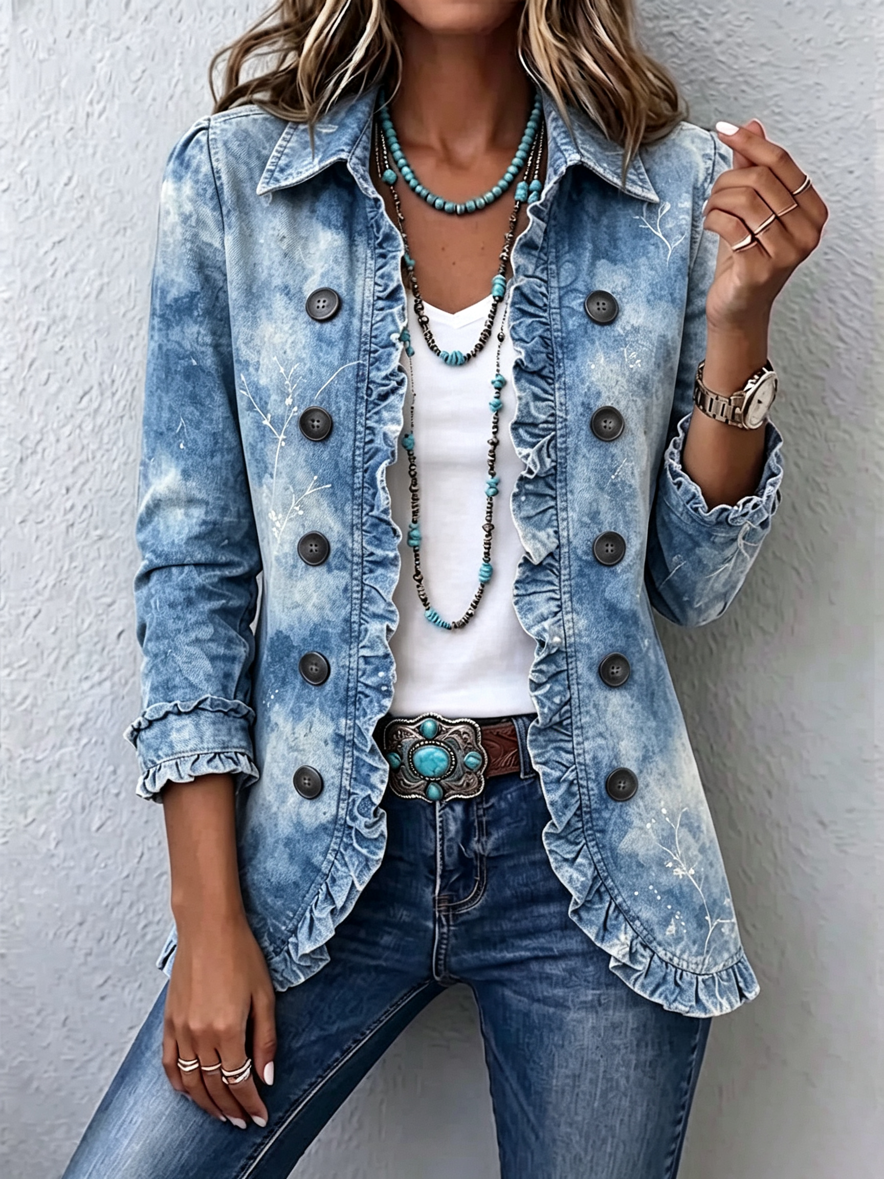 Guenievre | Giacca Bohémien Botanica Vintage Sfumata Blu con Balze