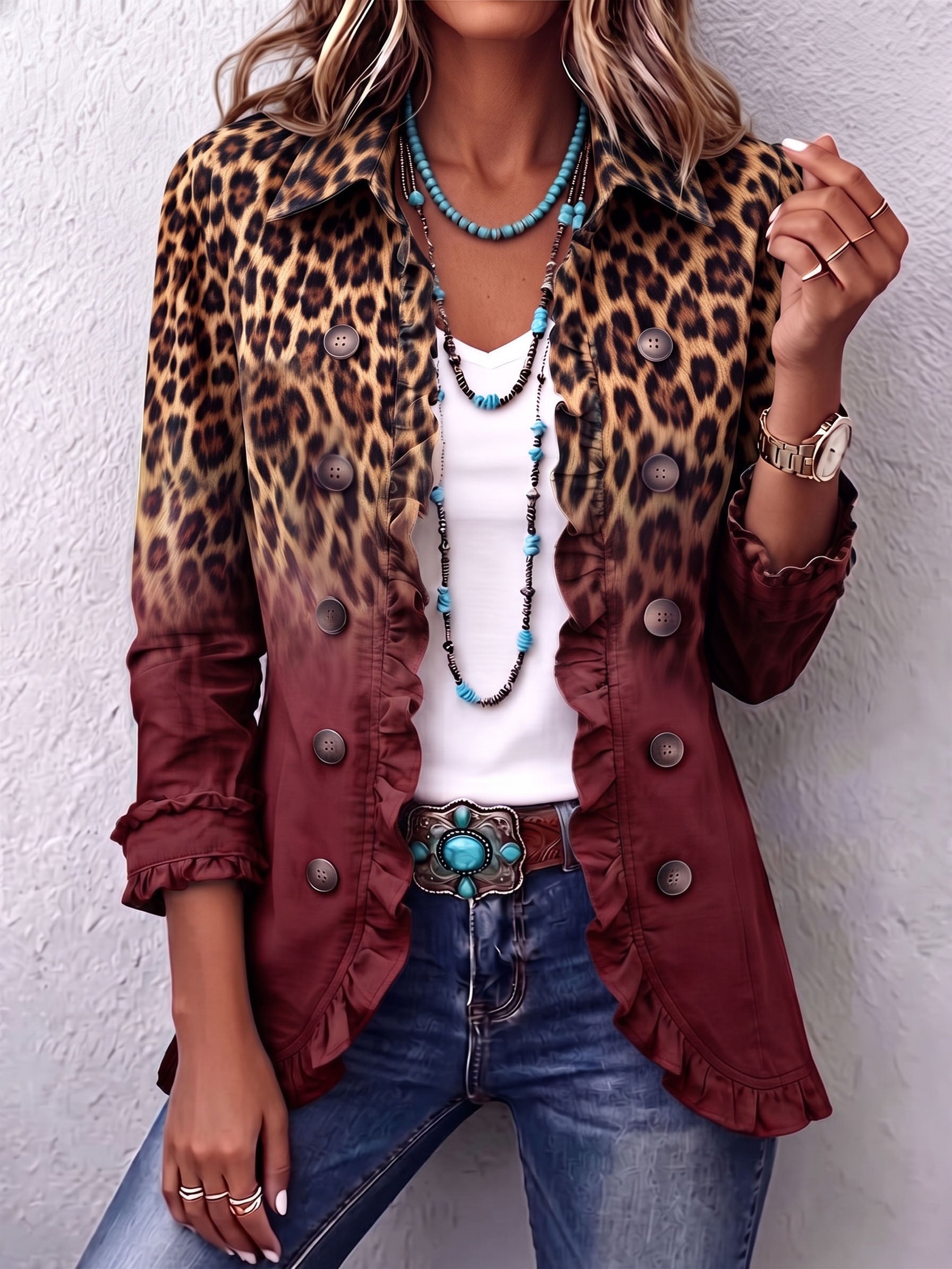 Béatrice | Blazer Leopardato Sfumato Turchese con Balze
