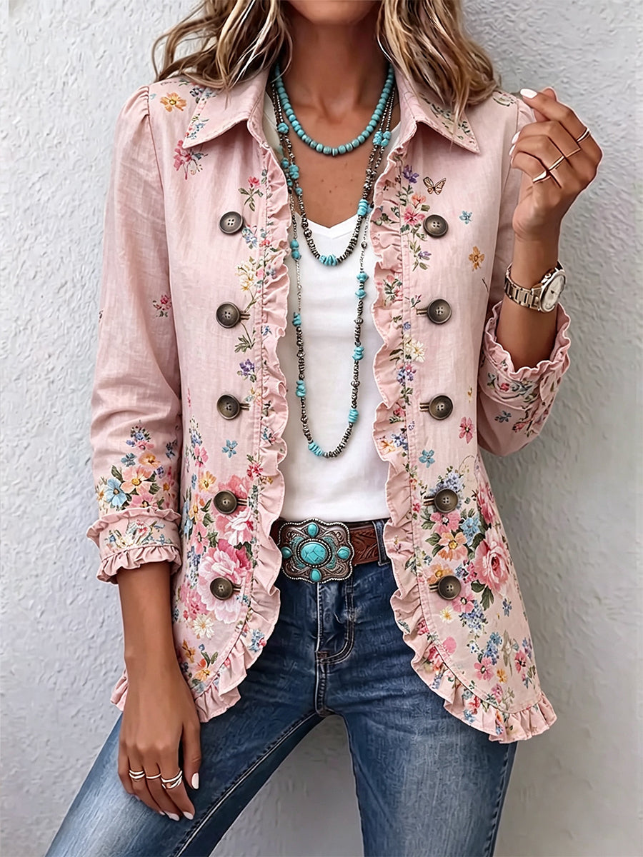Martine | Giacca Floreale Rosa con Balze e Bottoni