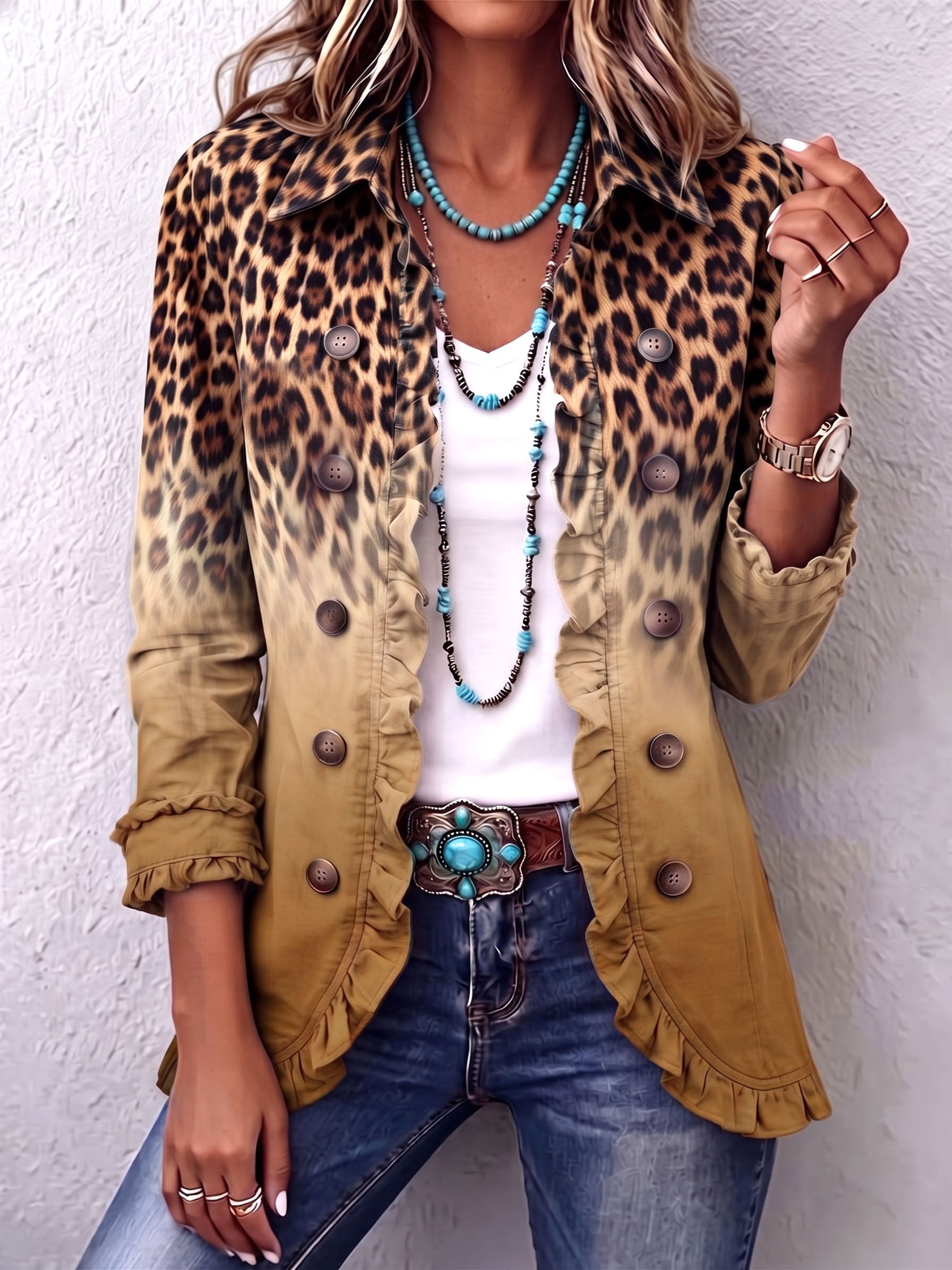 Paule | Blazer Leopardato Sfumato Ocra con Balze