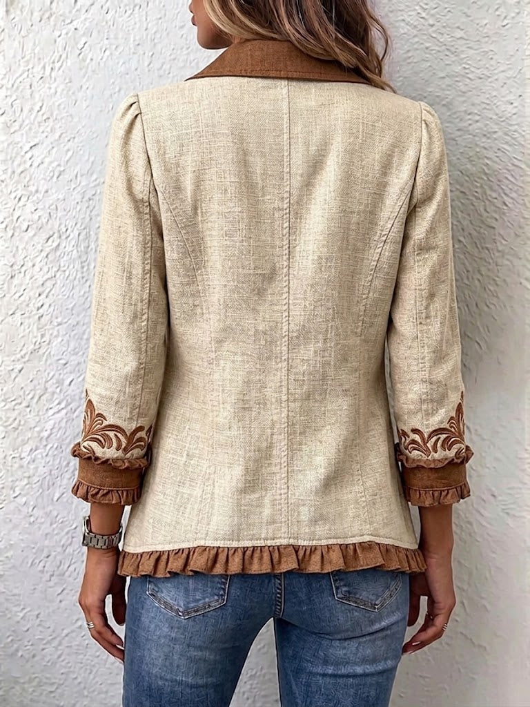 Octavie | Giacca Bohémien Floreale Vintage Cammello e Marrone con Balze