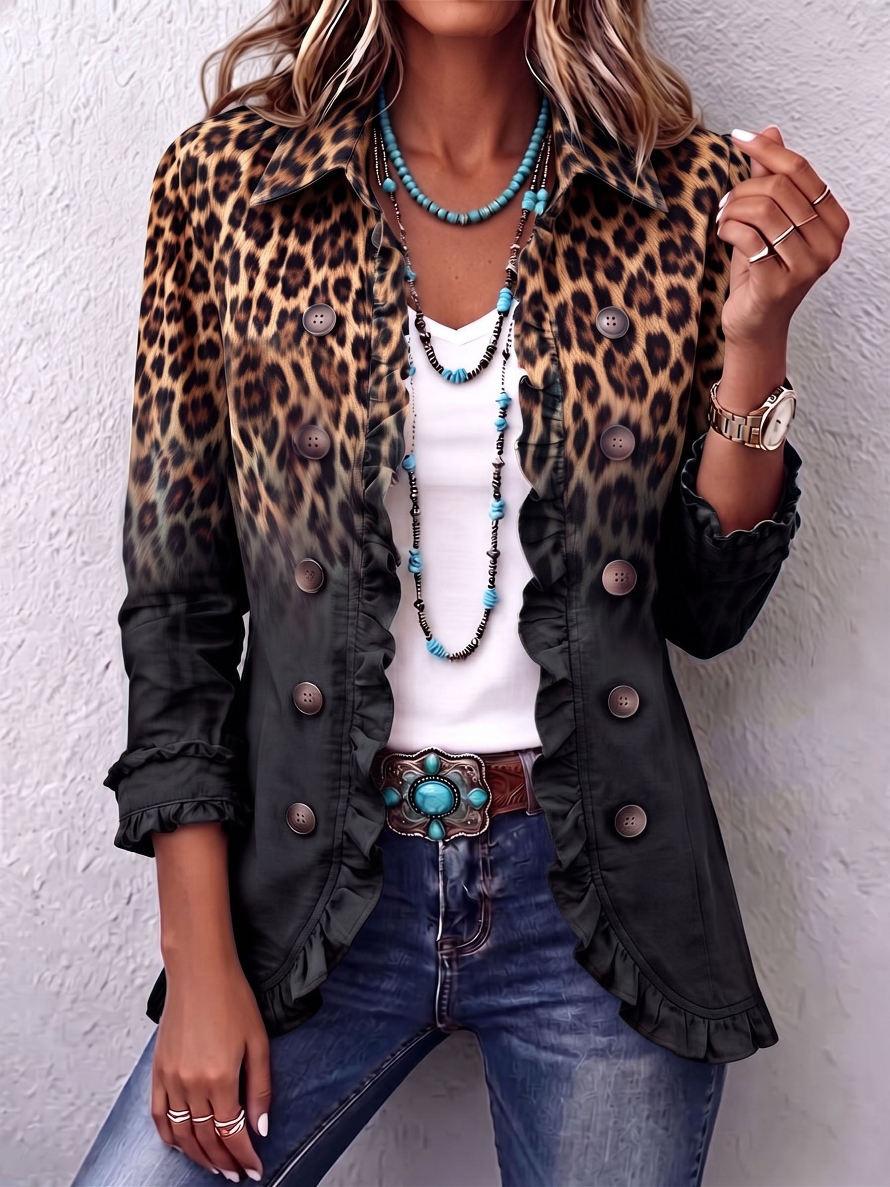 Valentine | Blazer Leopardato Sfumato Antracite con Balze