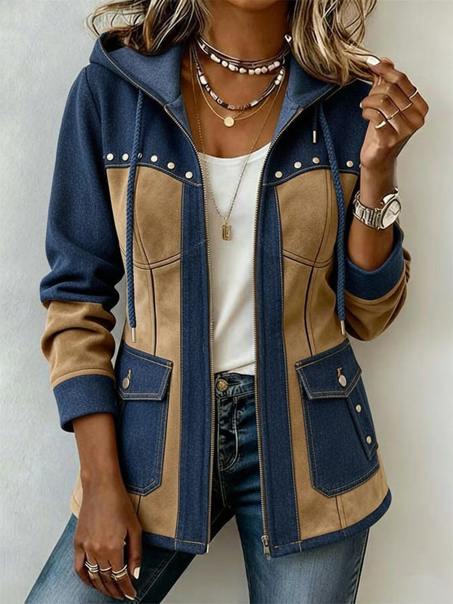 Adriana | Giacca con Cappuccio Blu Navy e Cammello