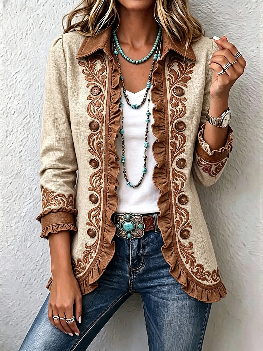 Octavie | Giacca Bohémien Floreale Vintage Cammello e Marrone con Balze