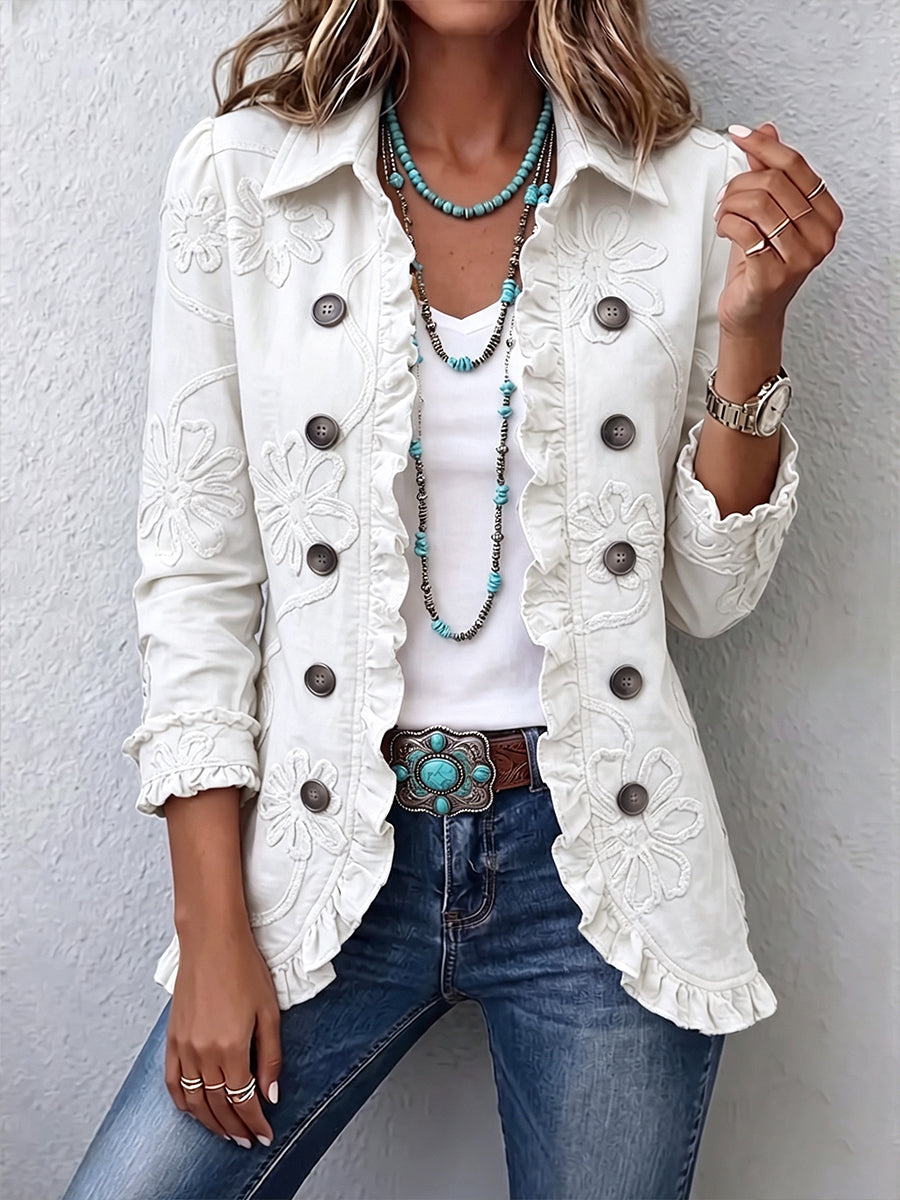 Camille | Giacca Bohémien-Chic Ricamata a Fiori Avorio con Finiture Arricciate