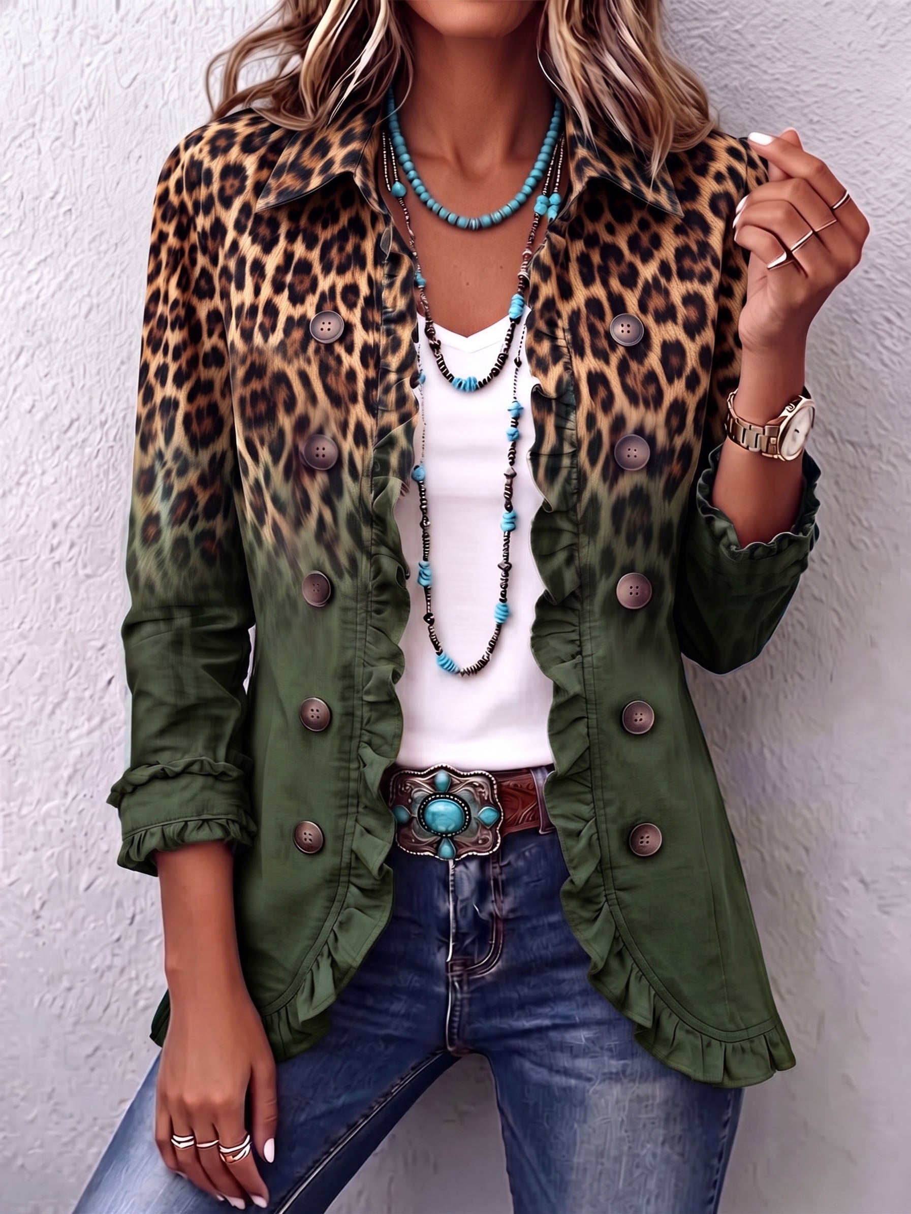 Louise | Blazer Leopardato Sfumato Verde Oliva con Balze