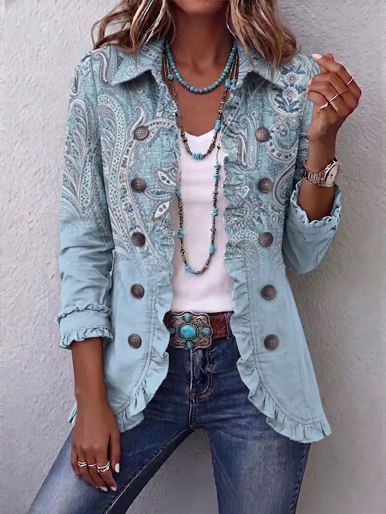 Émilie | Giacca Paisley Vintage Azzurro Cielo con Balze