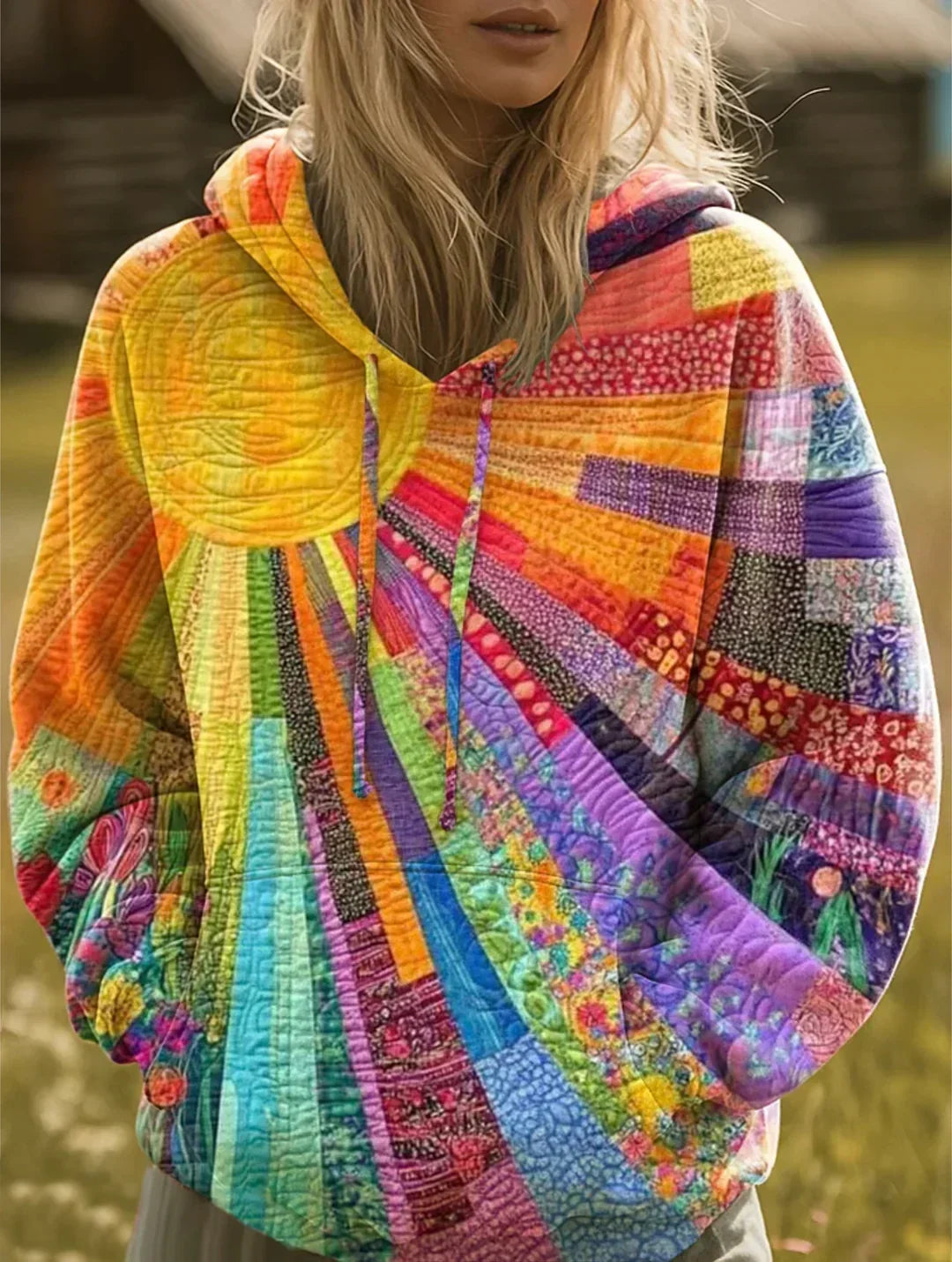 Aurora | Felpa Patchwork Multicolore con Cappuccio